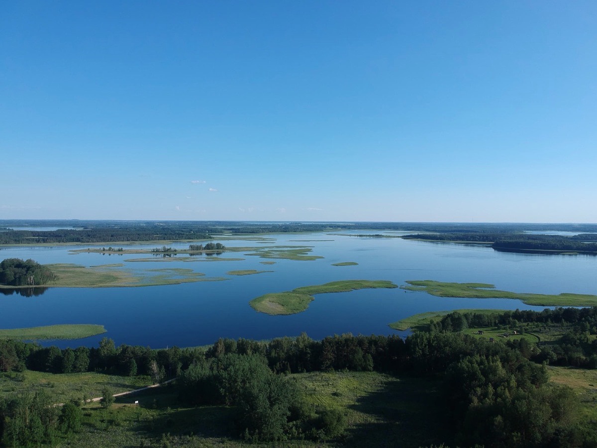 Aerial view of island-dotted Braslaw Lakes